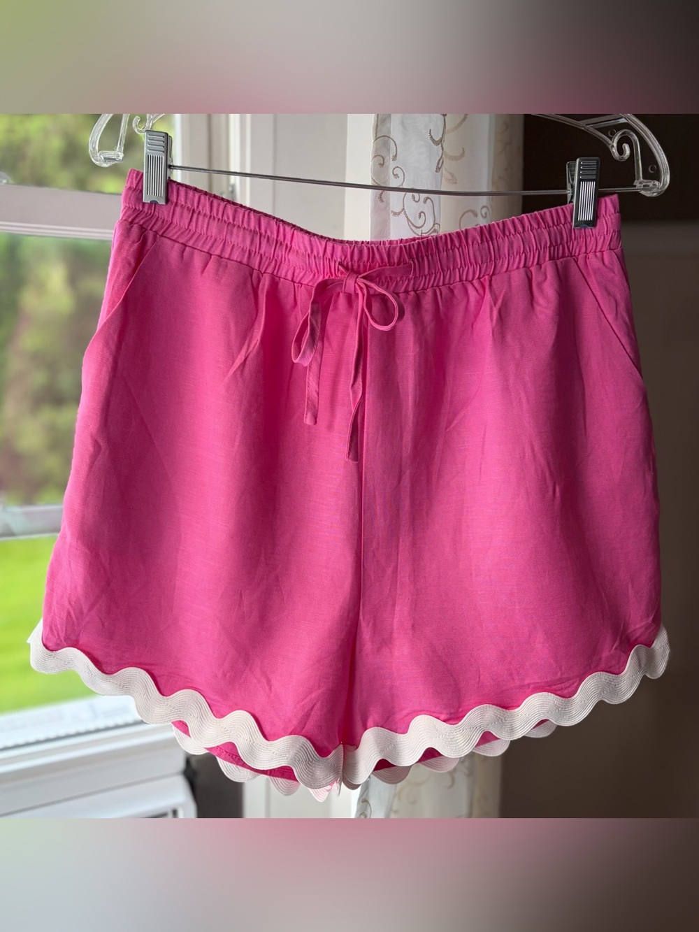 NWT Linen Blend Lined Hot Pink Shorts Ric Rac Trim Girly Cottagecore Sz L